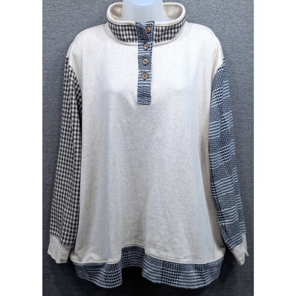 LANDS END Top - Cream, Herringbone, Houndstooth, Mixed Plaid, Mock Neck, 2X - Picture 1 of 4